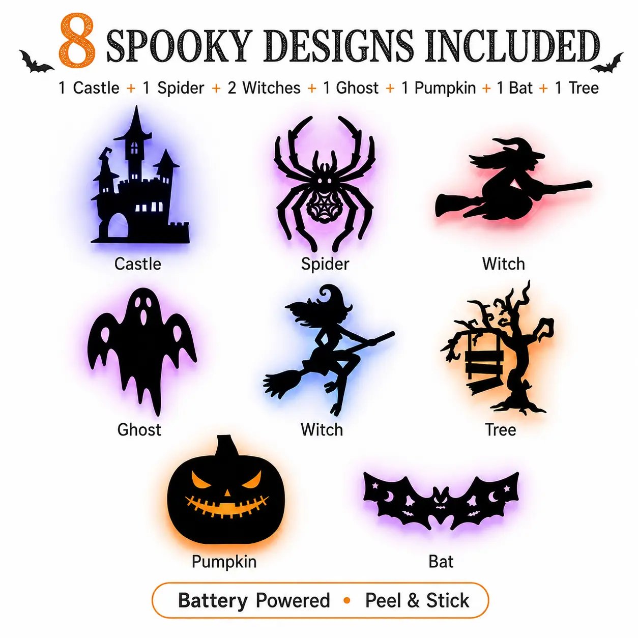 🔥Last Day 50% OFF - 🎃8 Pack Halloween LED Silhouette Wall Light Stickers, Battery Powered Peel & Stick Decor Lights