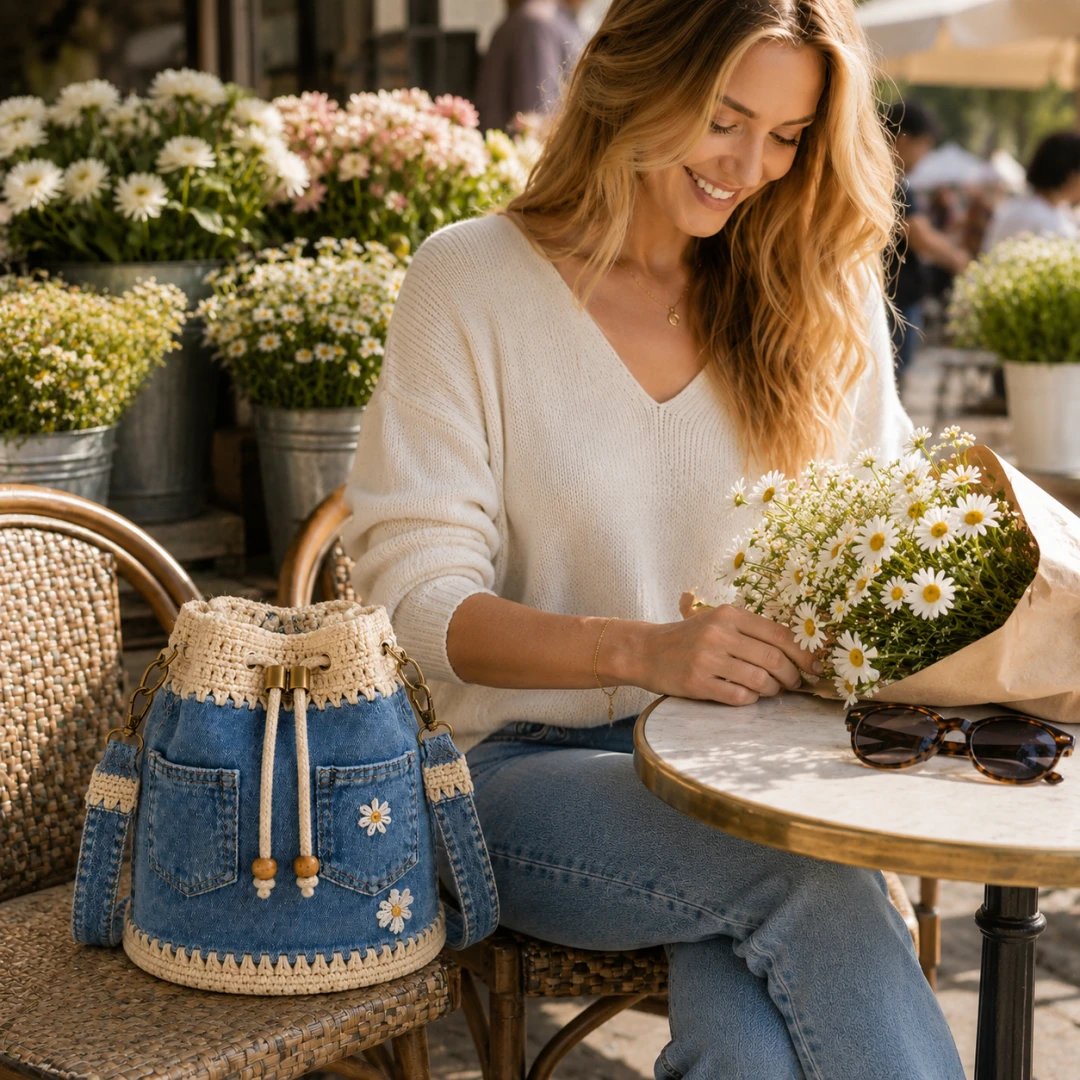 🔥 Top Back-to-School Picks - 👜 Denim Crochet Bucket Bag