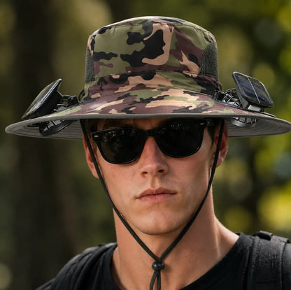 2026 New⚡Solar-Powered Outdoor Cooling Fan Hat – Wide Brim Sun Protection, Dual Fans, 3 Speeds, USB + Solar Charging, Unisex