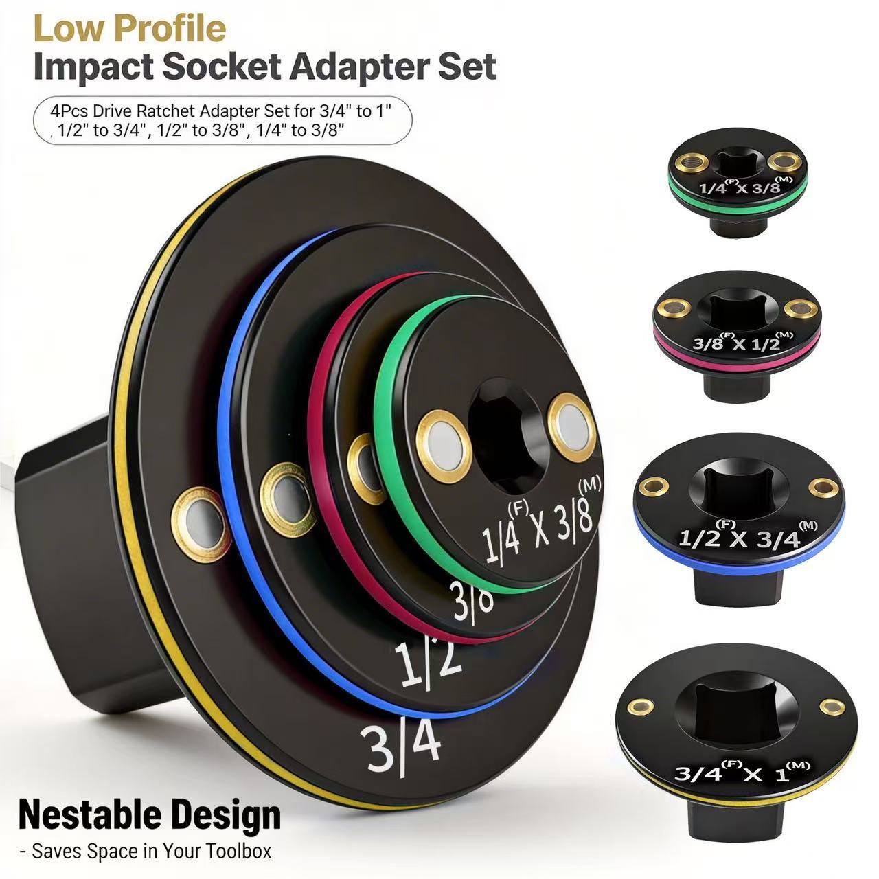 Magnetic Socket Adapter Kit | 4-Piece Low Profile CR-MO Impact Adapter Set