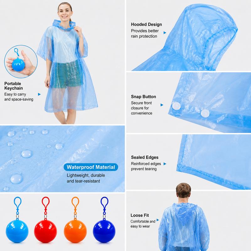 Hooded Disposable Rain Poncho, Waterproof Tear-Resistant Portable Raincoat with Keychain Ball