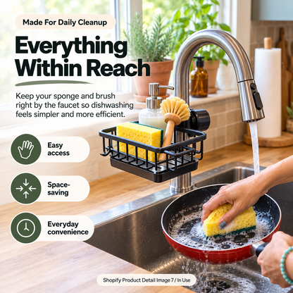 🧽✨Faucet-Mounted Kitchen Sink Organizer – Adjustable No-Drill Sponge & Brush Holder with Removable Drip Tray, Space-Saving Storage Caddy