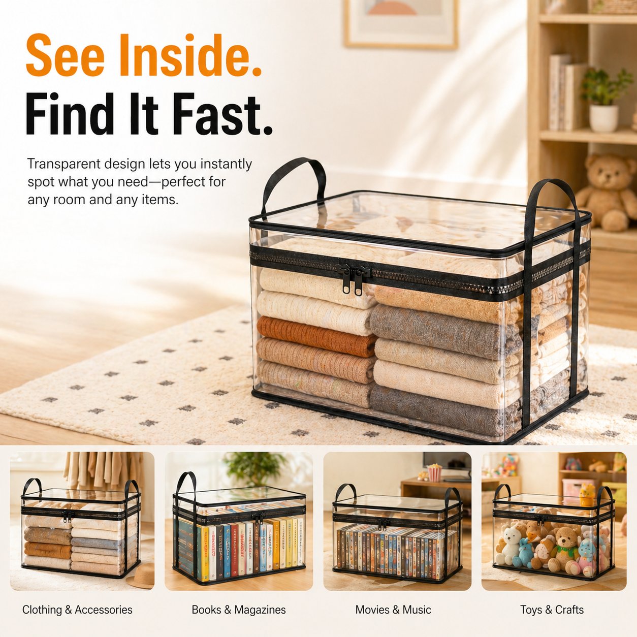 Clear PVC Storage Bins with Handles 📚for Books, Toys, Media, & Organizing