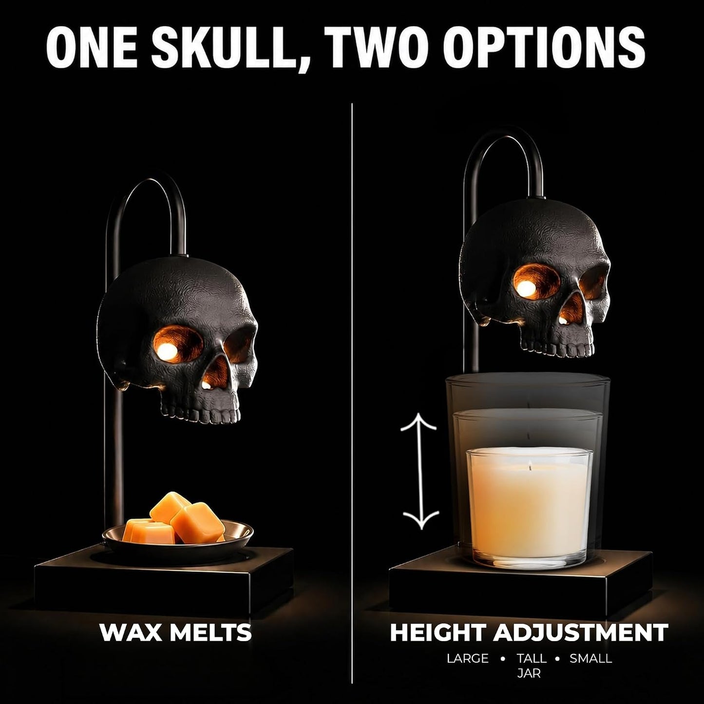 💀Skull Candle Warmer Lamp with Timer and Dimmer *Candles NOT Included – Black Gothic Candle Lamp Warmer w/Adjustable Height, 2 Light Bulbs