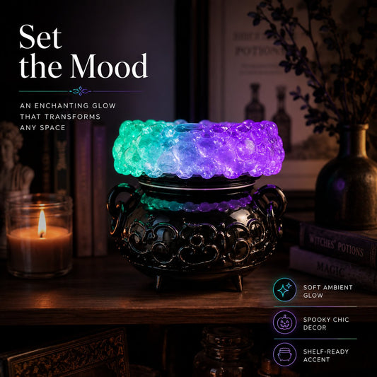 Halloween Cauldron LED Bubble Light Decor, Witch Potion Black Cauldron Lamp with Color Changing Glow, Spooky Gothic Tabletop Mood Light for Halloween Party Home Shelf Decor