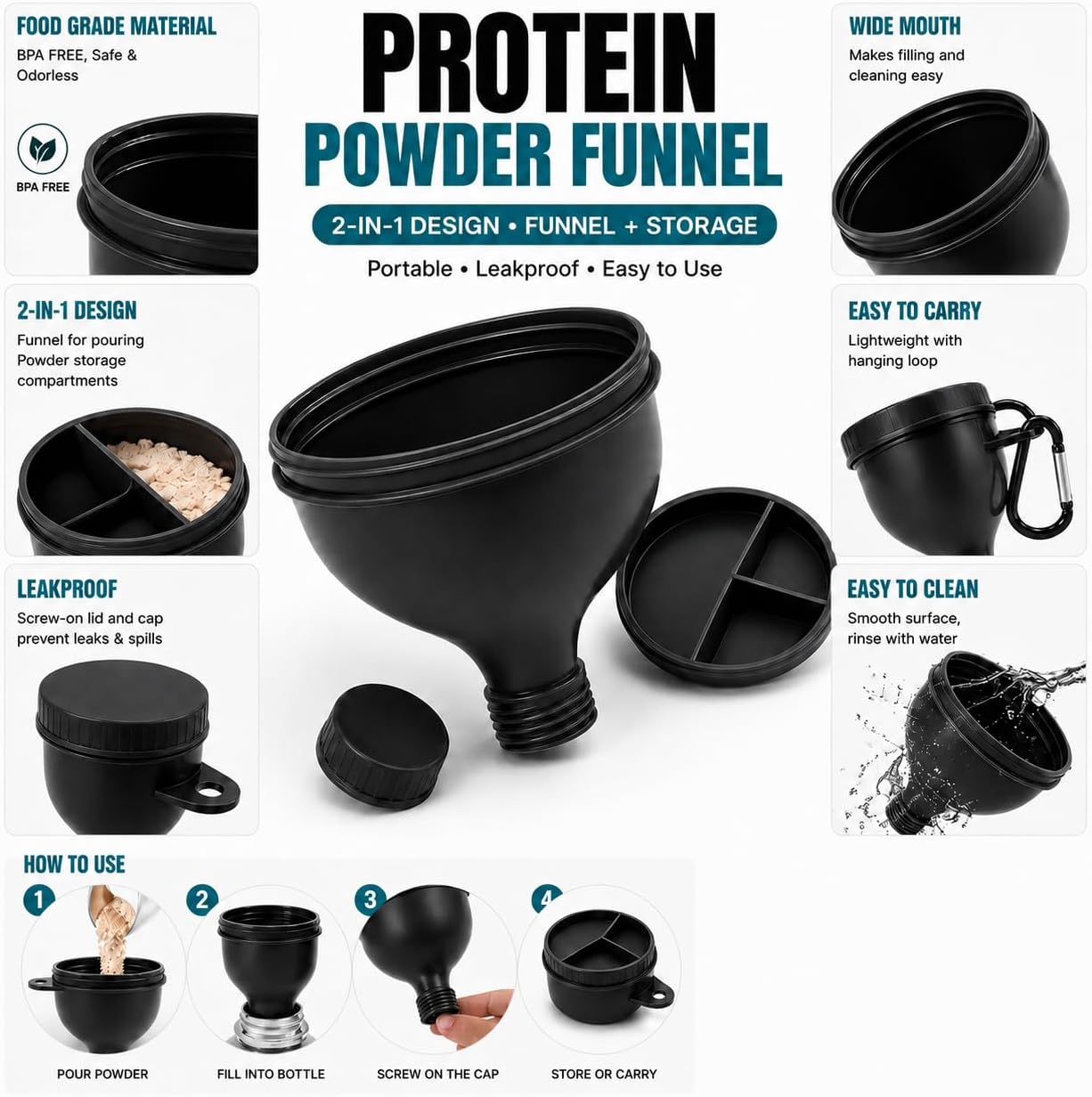 💪Gym Essential｜Portable Protein Powder Dispenser Funnel with Carabiner🥤