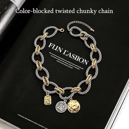 📿Women's Bohemian Twisted Metal Alloy Chain Necklace - Goldtone Coin Pendant