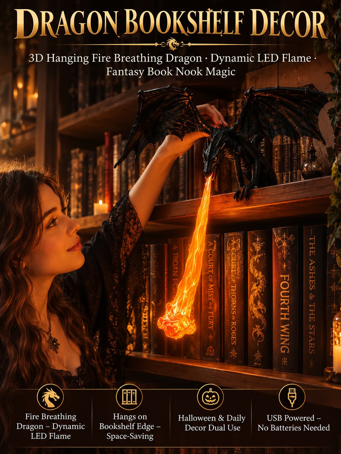 Fire-Breathing Dragon LED Sculpture | Fantasy Bookshelf & Desk Decor