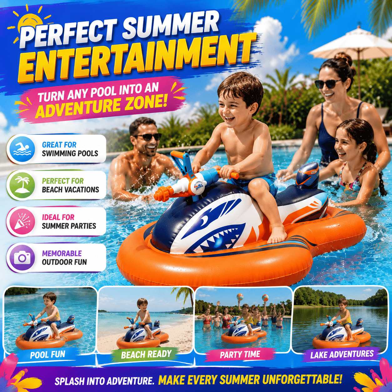 🌊 2-in-1 Shark Inflatable Jet Water Ski🚤 Built-in Water Gun
