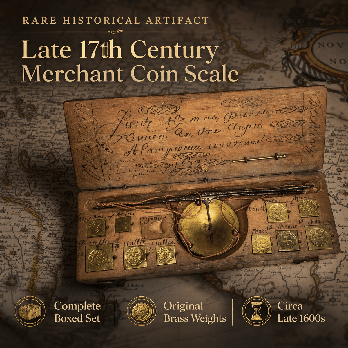 Rare Antique Boxed Coin Scale | 17th Century Merchant Money Balance