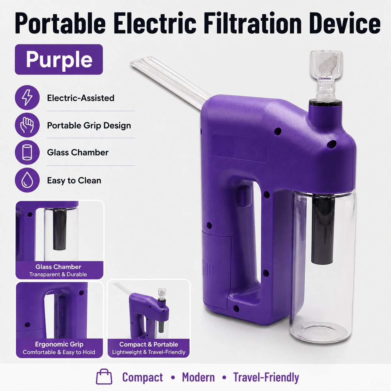 ⚡  Portable Handheld Electric Filtration Device | Compact Glass Chamber Design with Electric-Assisted Operation & 6 Color Options ✨