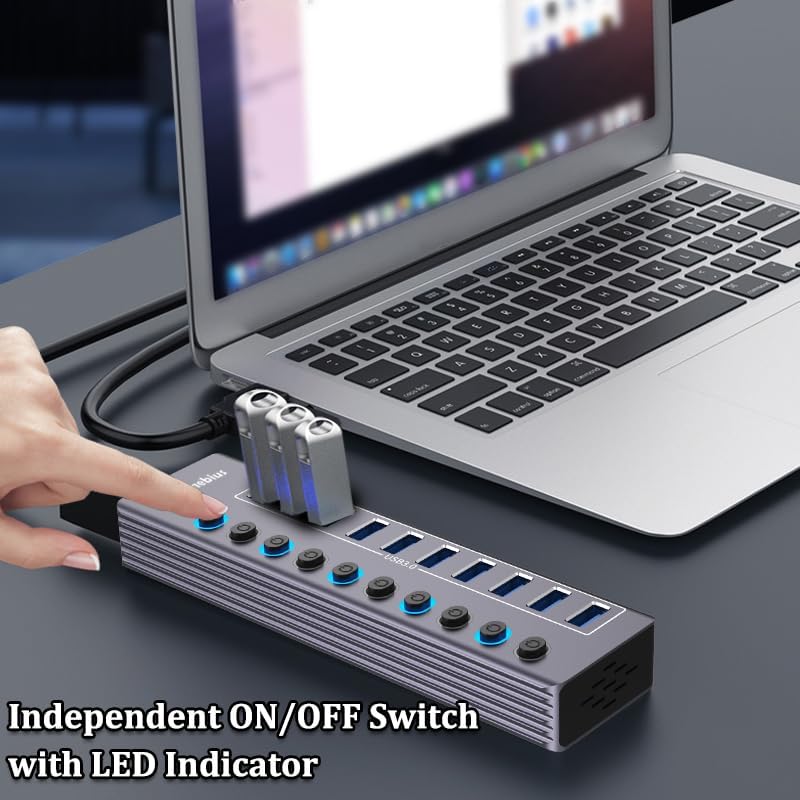 Powered 10-Port USB 3.0 Hub, USB C to 10 Ports USB Data Hub Splitter with Individual LED On/Off Switche, 3.3FT Cable, 12V/3A Power Adapter