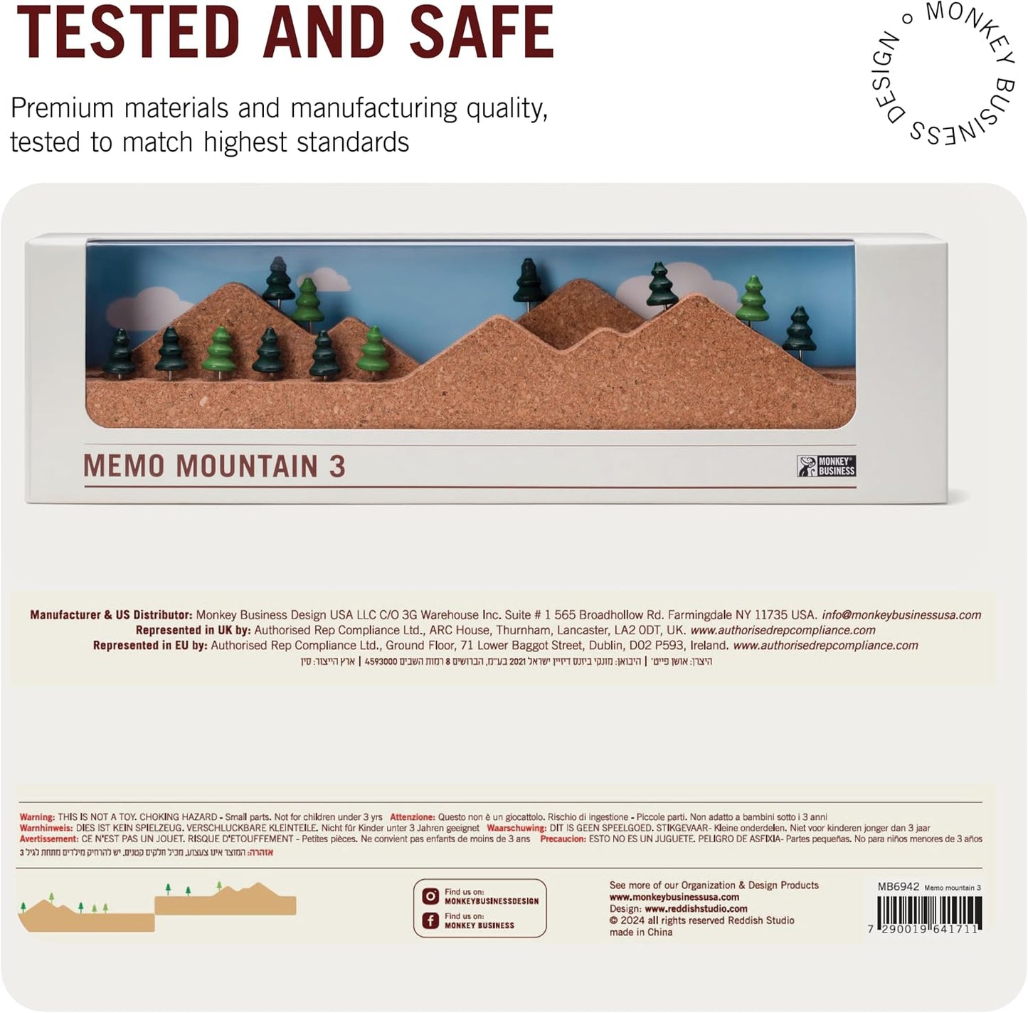 Memo Mountain 3 Cork Board Strips - Corkboard Pin Boards with Mountain Scene Pushpins, Office Accessories, Cute Cork Boards for Walls