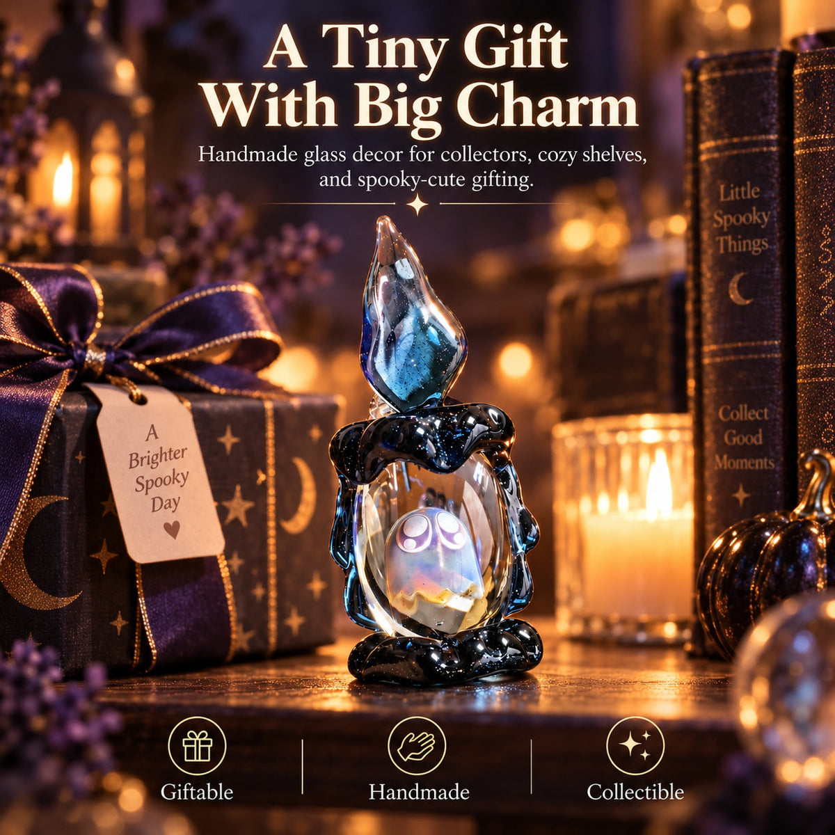 🎃 Ghost Candle Glass Figurine – Handmade Halloween Shelf Décor