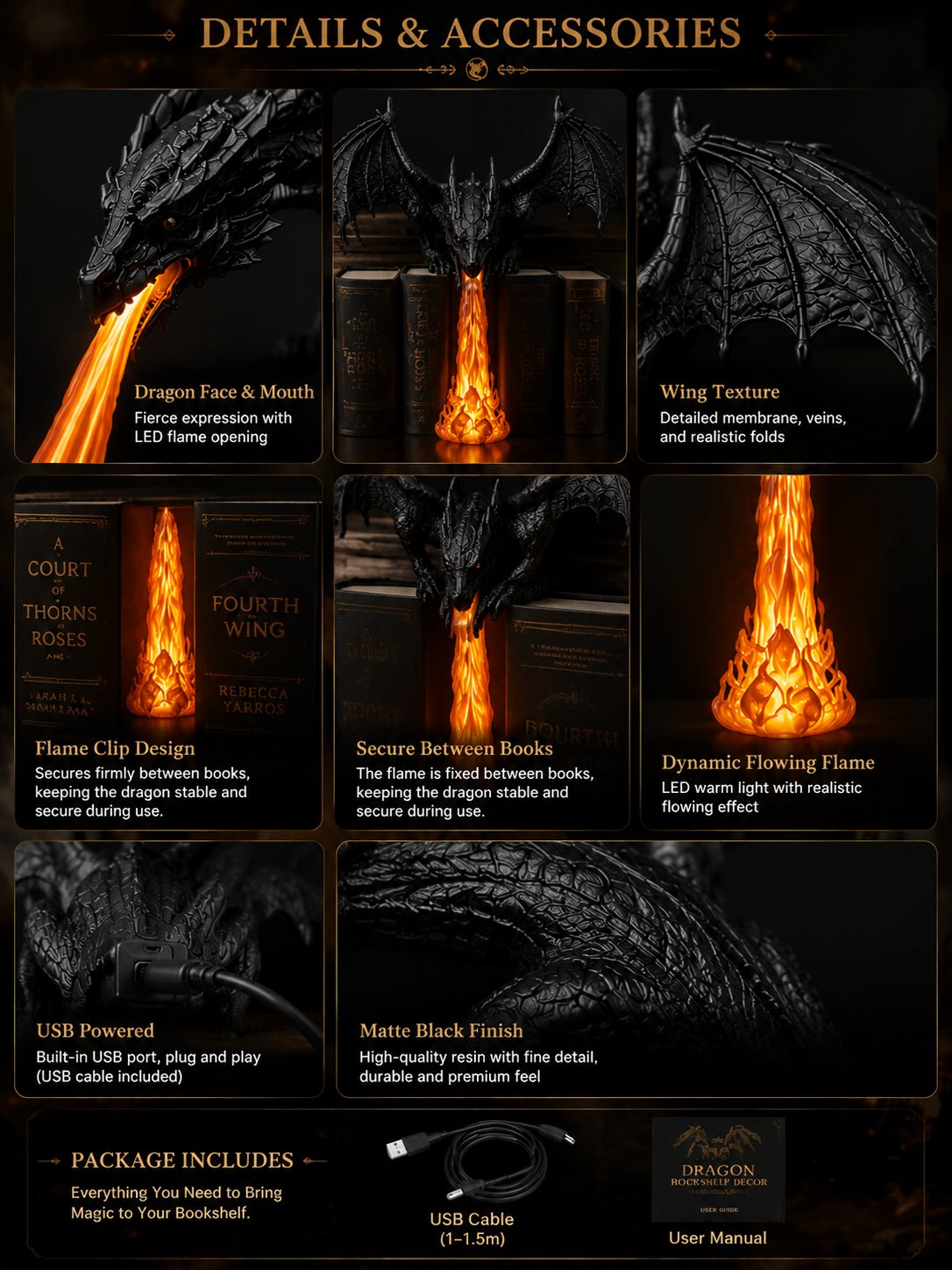Fire-Breathing Dragon LED Sculpture | Fantasy Bookshelf & Desk Decor