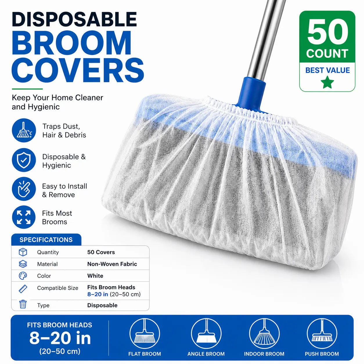 Disposable Broom Dust Covers, Non-Woven Dust Catcher for Standard Brooms