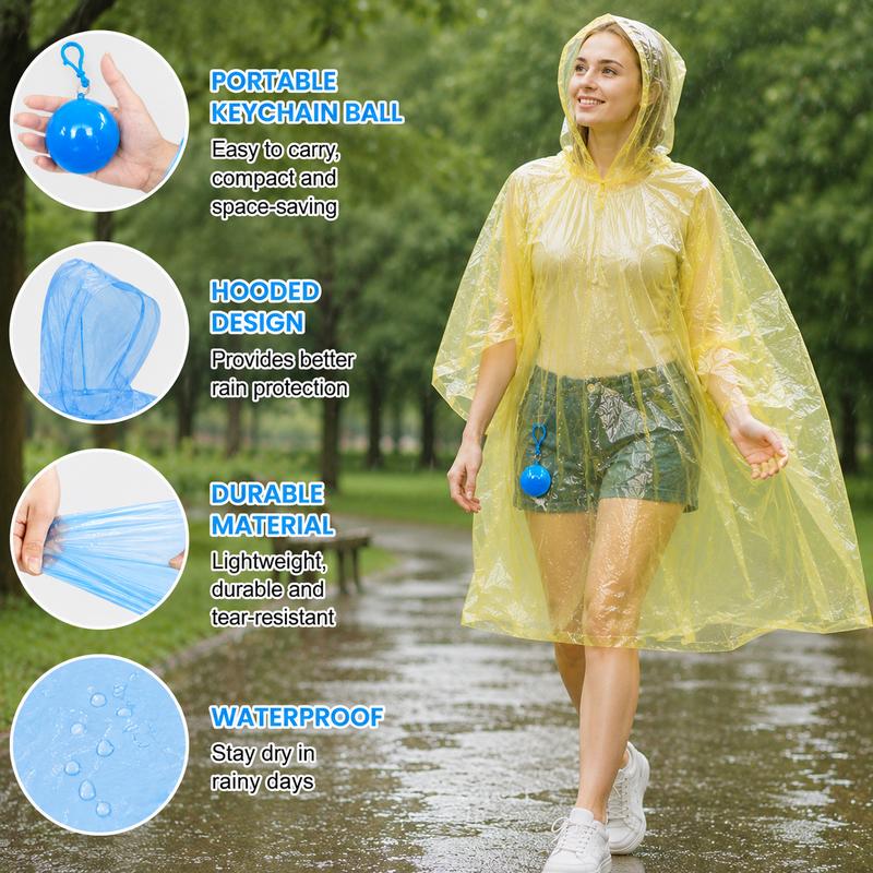 Hooded Disposable Rain Poncho, Waterproof Tear-Resistant Portable Raincoat with Keychain Ball