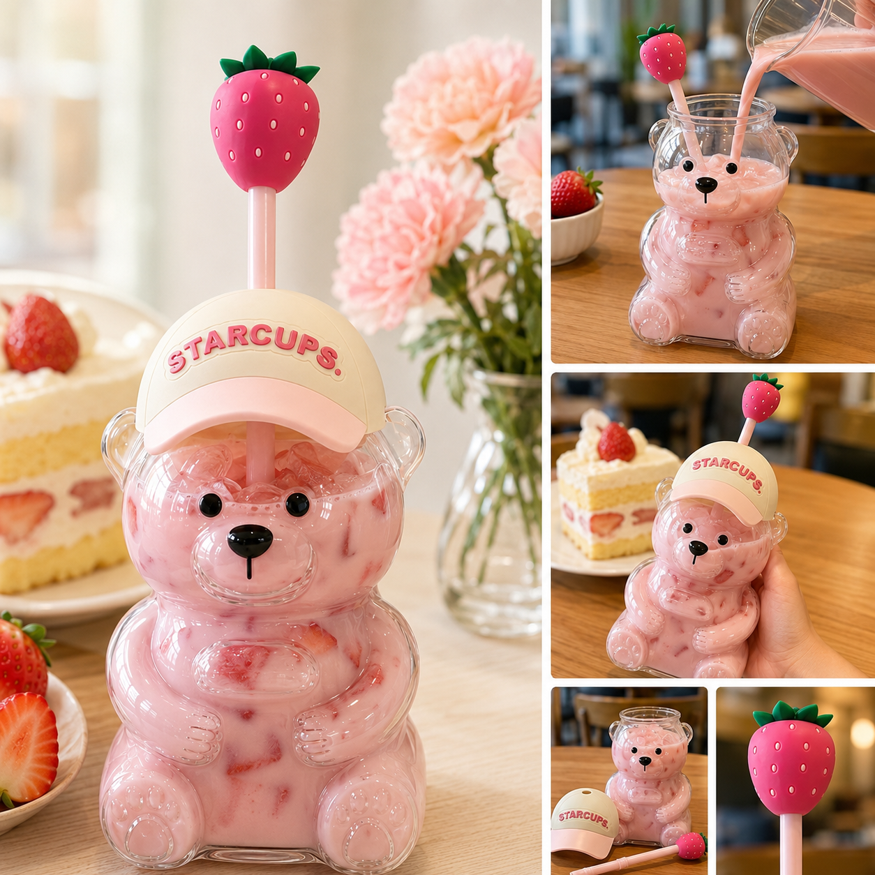 2026 New Cute Beaar Glass Tumbler with Bear Lid & Strawberry Straw, Holiday Teddy Bear Cup，20oz Reusable Aesthetic Teddy Bear Cup for Iced Coffee, Boba Milk Tea, Matcha, Juice, Smoothies & Cold Drinks, Dishwasher Safe