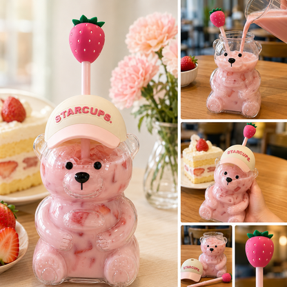 2026 New Cute Beaar Glass Tumbler with Bear Lid & Strawberry Straw, Holiday Teddy Bear Cup，20oz Reusable Aesthetic Teddy Bear Cup for Iced Coffee, Boba Milk Tea, Matcha, Juice, Smoothies & Cold Drinks, Dishwasher Safe