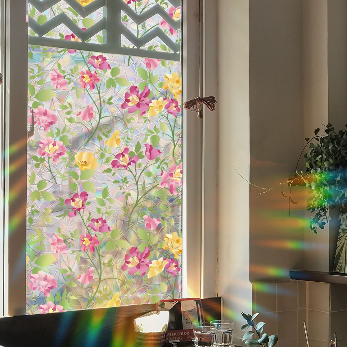 💐Colorful flowers, dazzling sunlight, double-sided visible glass decorative wall stickers