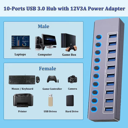 Powered 10-Port USB 3.0 Hub, USB C to 10 Ports USB Data Hub Splitter with Individual LED On/Off Switche, 3.3FT Cable, 12V/3A Power Adapter