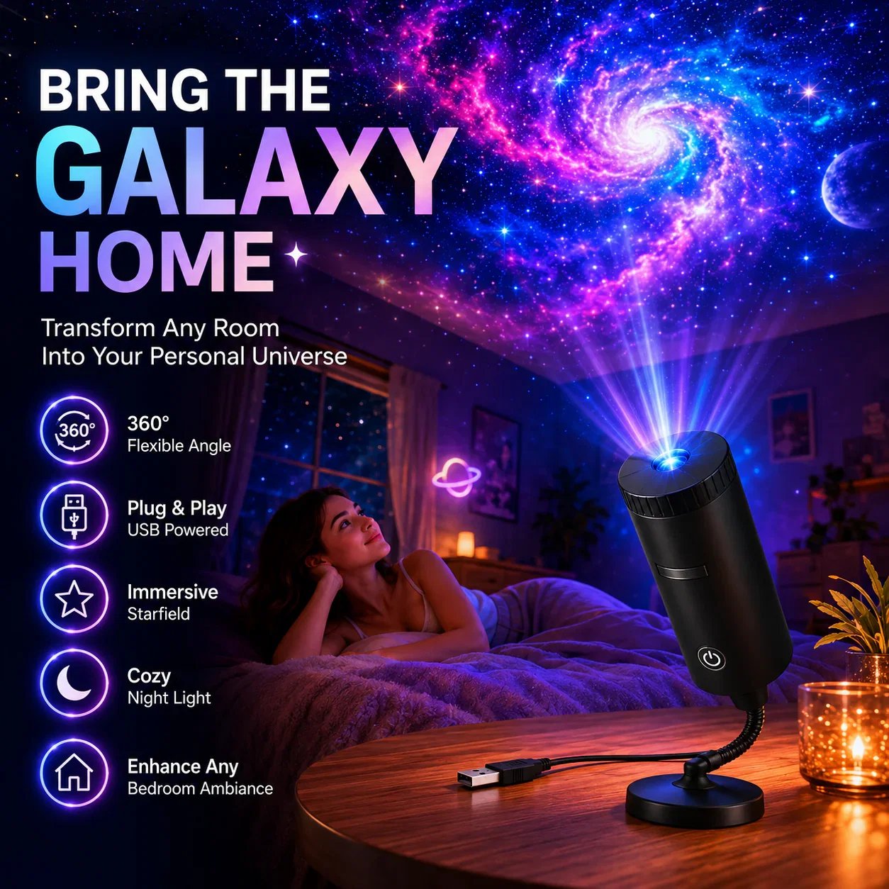 HD Holiday Scene Projector – Swappable Discs, USB Plug & Play | Christmas, Halloween & Galaxy