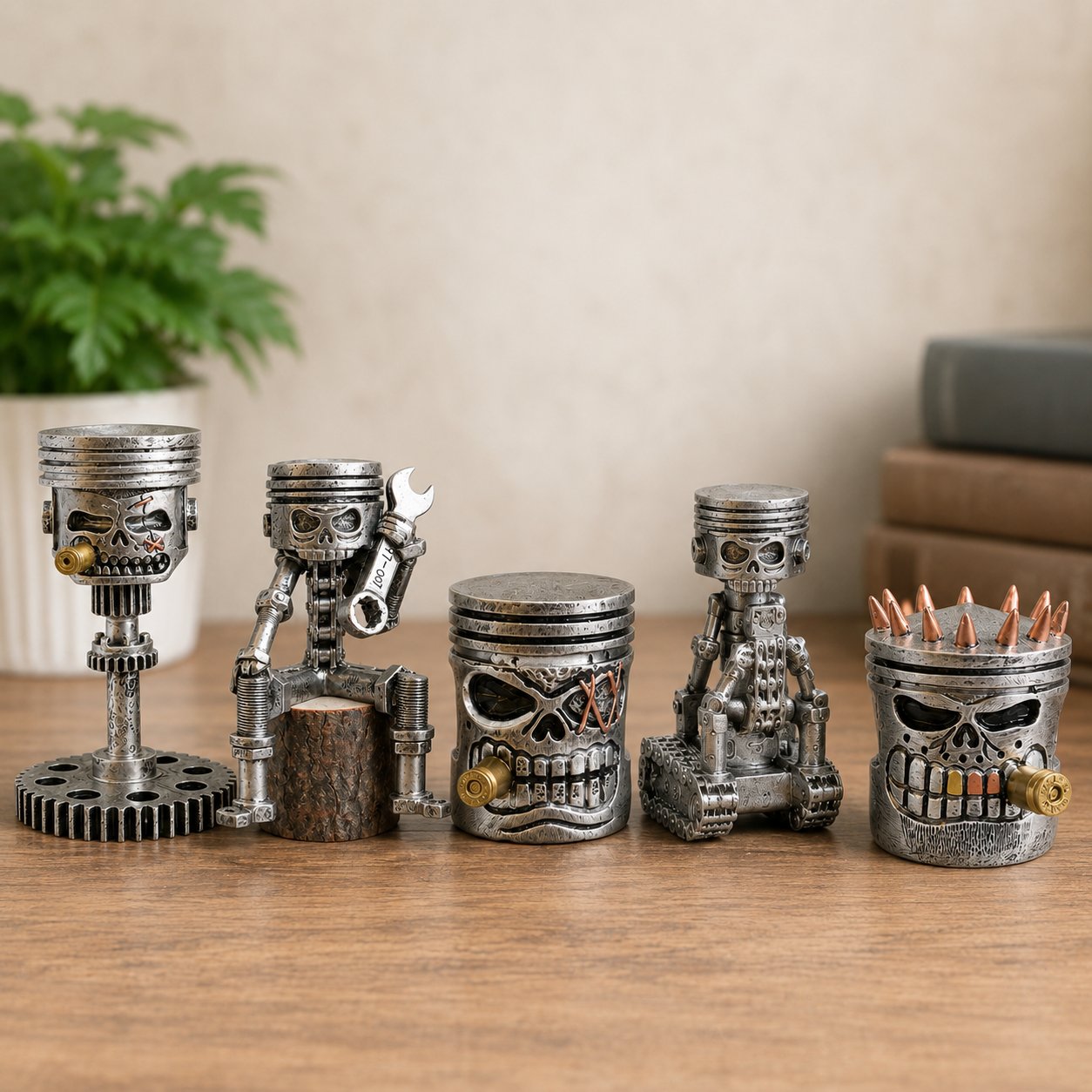 💀 Industrial Mechanical Skull Resin Sculpture – Gear, Wrench & Chain Gothic Décor