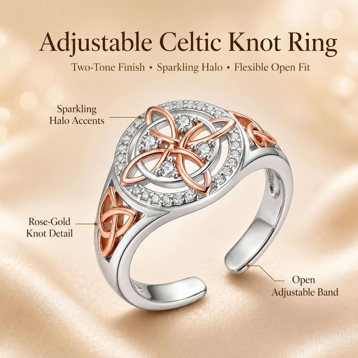 Two-Tone Celtic Knot Ring | Rose Gold & Silver Statement Ring with Sparkling Halo