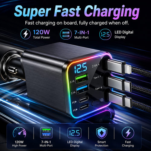7-in-1 Retractable Car Charger 120W – Built-In Cables, Starry Sky Light & Voltage Display