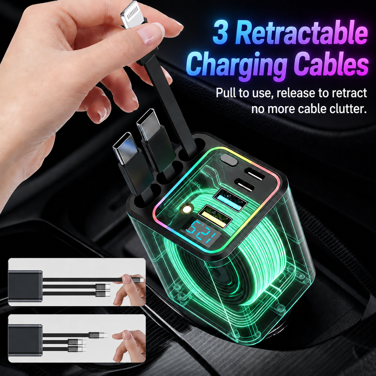 7-in-1 Retractable Car Charger 120W – Built-In Cables, Starry Sky Light & Voltage Display