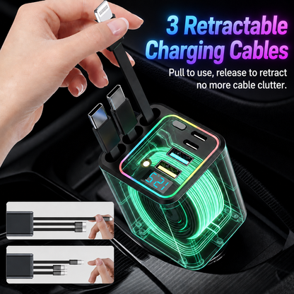 7-in-1 Retractable Car Charger 120W – Built-In Cables, Starry Sky Light & Voltage Display