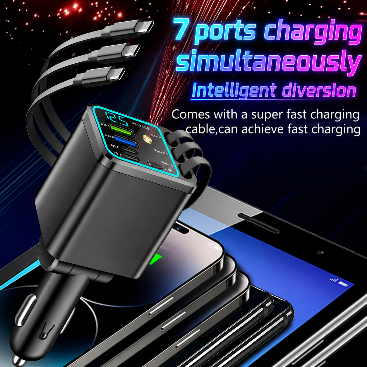 7-in-1 Retractable Car Charger 120W – Built-In Cables, Starry Sky Light & Voltage Display