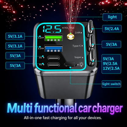 7-in-1 Retractable Car Charger 120W – Built-In Cables, Starry Sky Light & Voltage Display