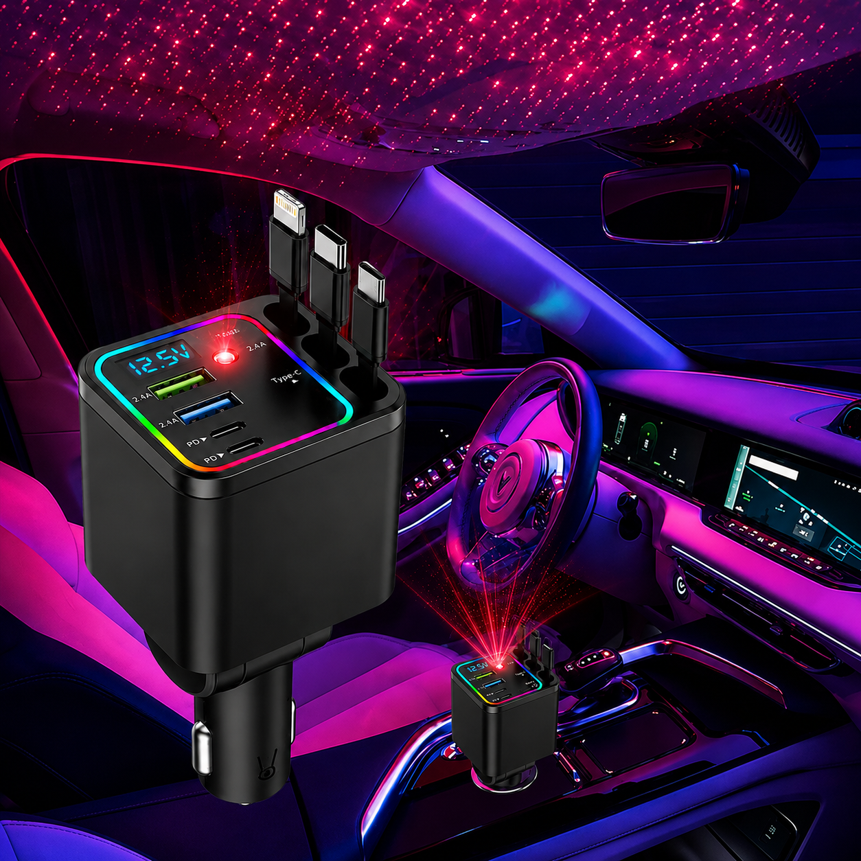 7-in-1 Retractable Car Charger 120W – Built-In Cables, Starry Sky Light & Voltage Display