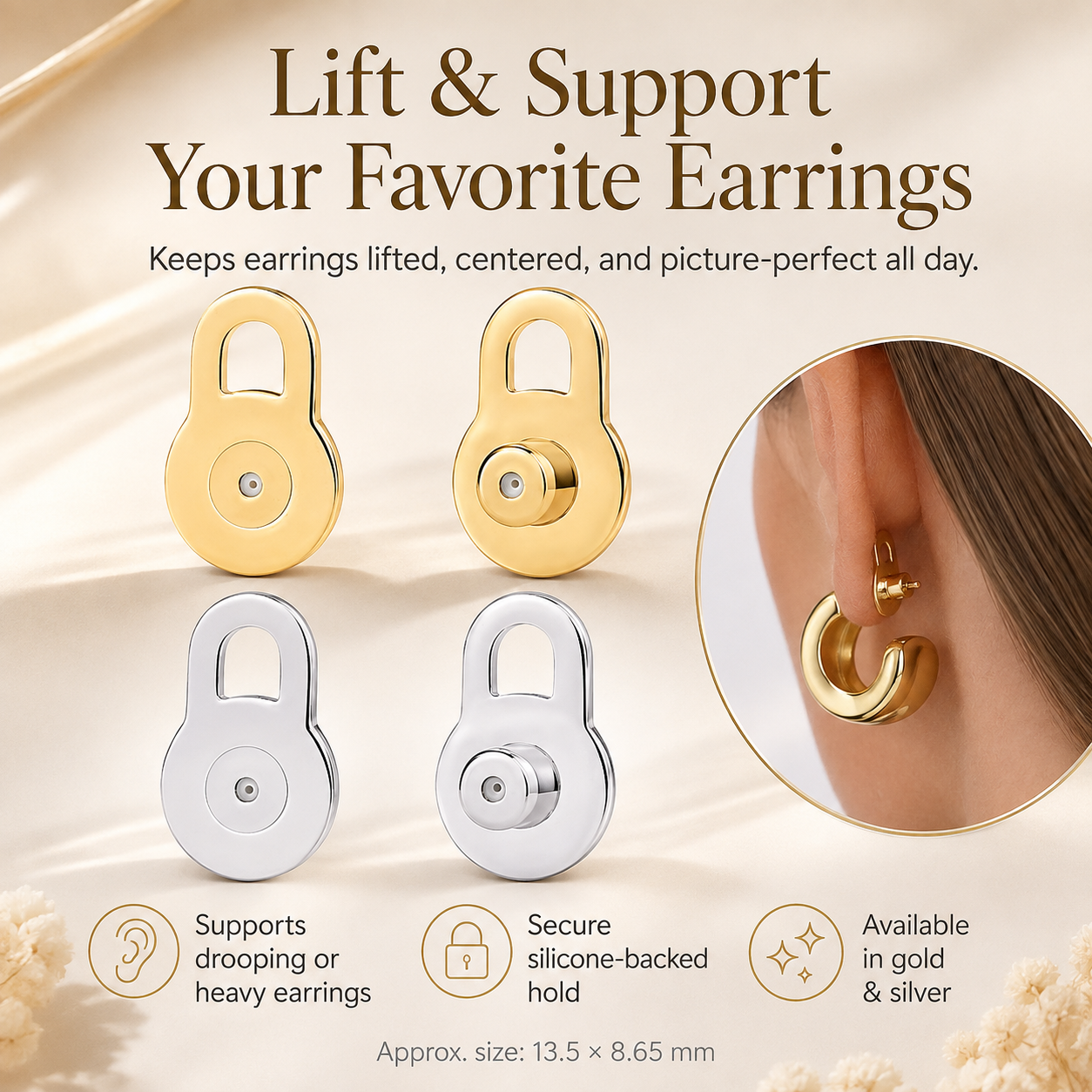 14K Gold Plated Earring Lobe Lifters – Lift & Support Heavy Earrings for a Perfect Look