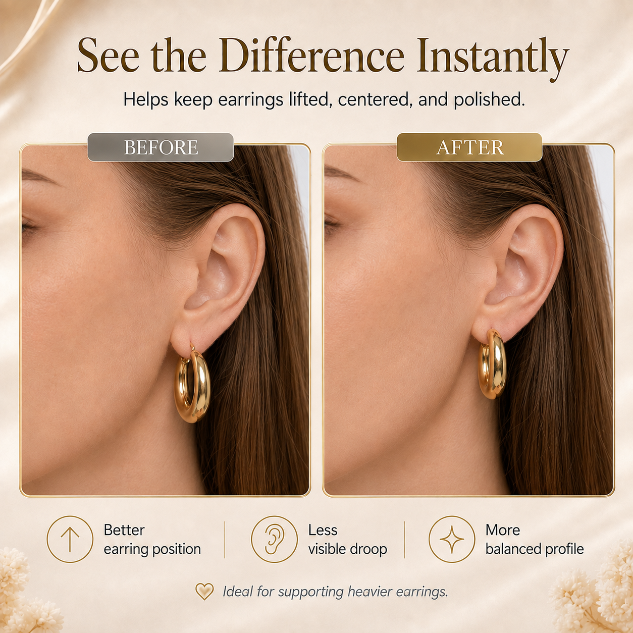 14K Gold Plated Earring Lobe Lifters – Lift & Support Heavy Earrings for a Perfect Look