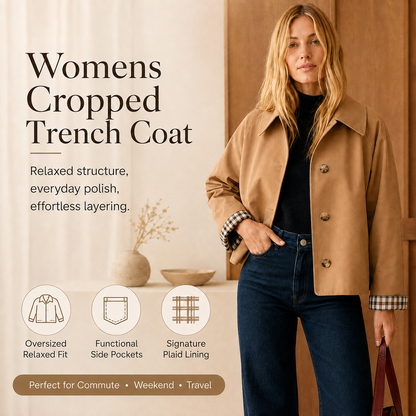 Women's Cropped Trench Coat – Relaxed Fit Jacket with Plaid Lining | 7 Colors