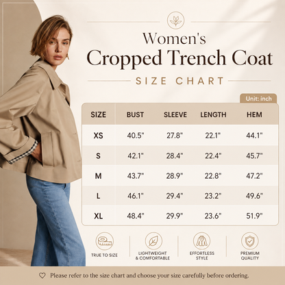 Women's Cropped Trench Coat – Relaxed Fit Jacket with Plaid Lining | 7 Colors