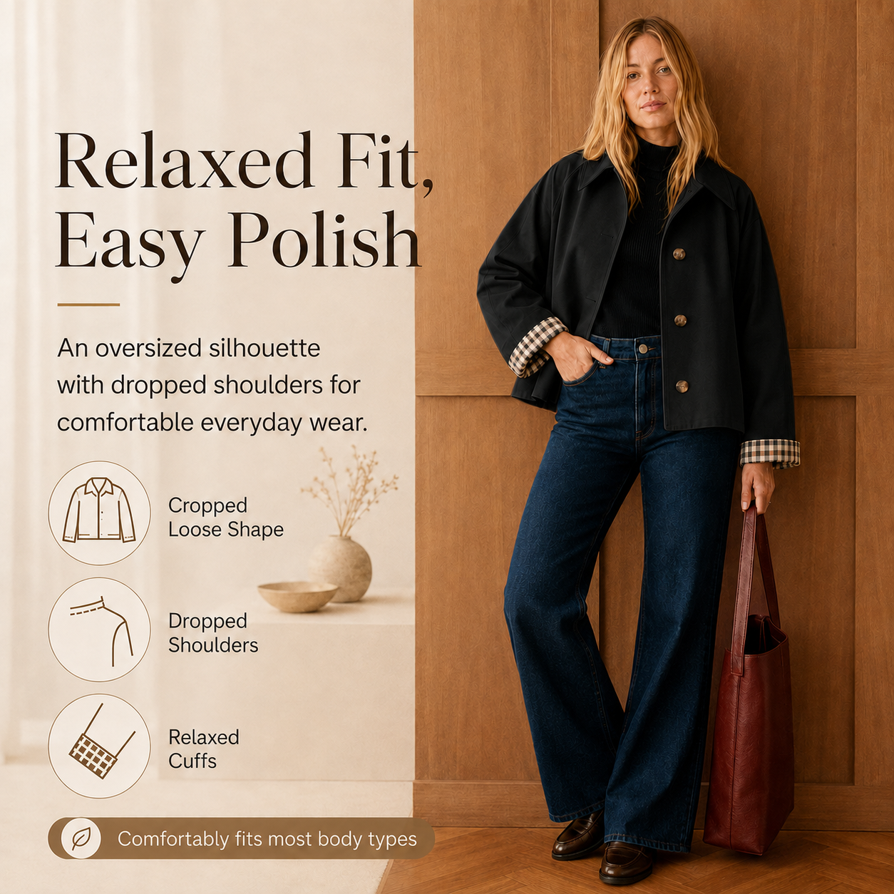 Women's Cropped Trench Coat – Relaxed Fit Jacket with Plaid Lining | 7 Colors