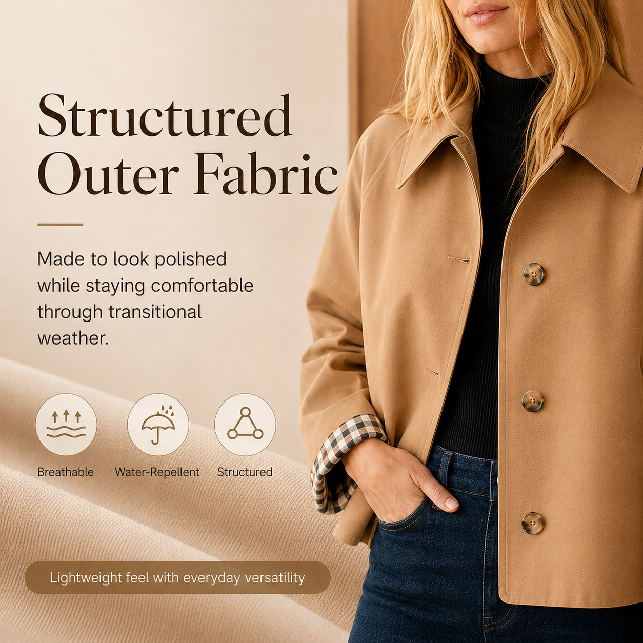 Women's Cropped Trench Coat – Relaxed Fit Jacket with Plaid Lining | 7 Colors