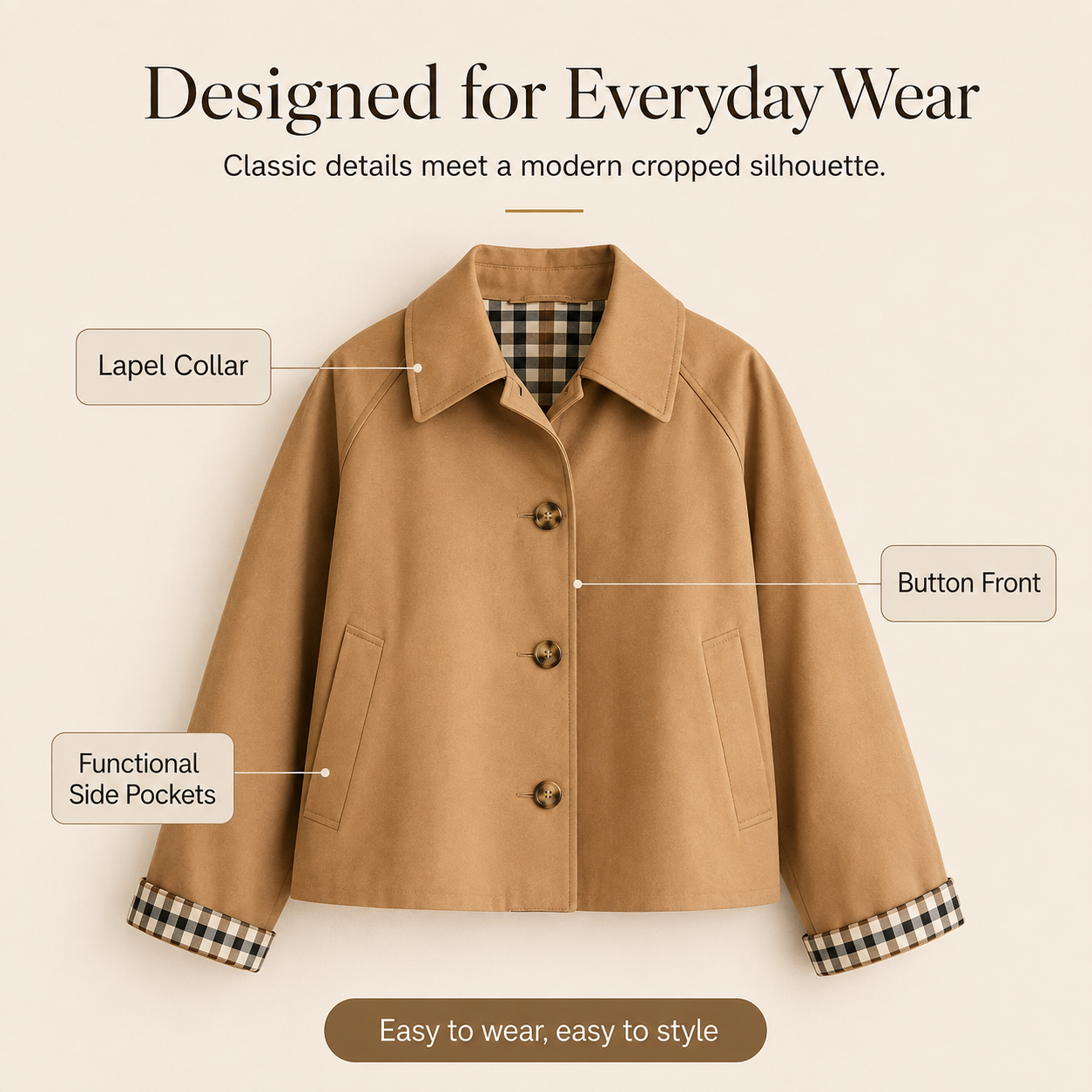 Women's Cropped Trench Coat – Relaxed Fit Jacket with Plaid Lining | 7 Colors