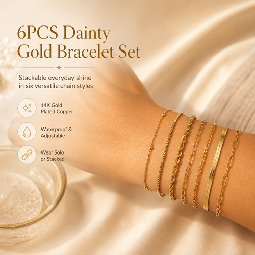14K Gold-Plated Dainty Bracelet Set – Trendy Stackable Chain Bracelets for Women