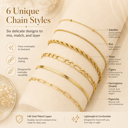 14K Gold-Plated Dainty Bracelet Set – Trendy Stackable Chain Bracelets for Women