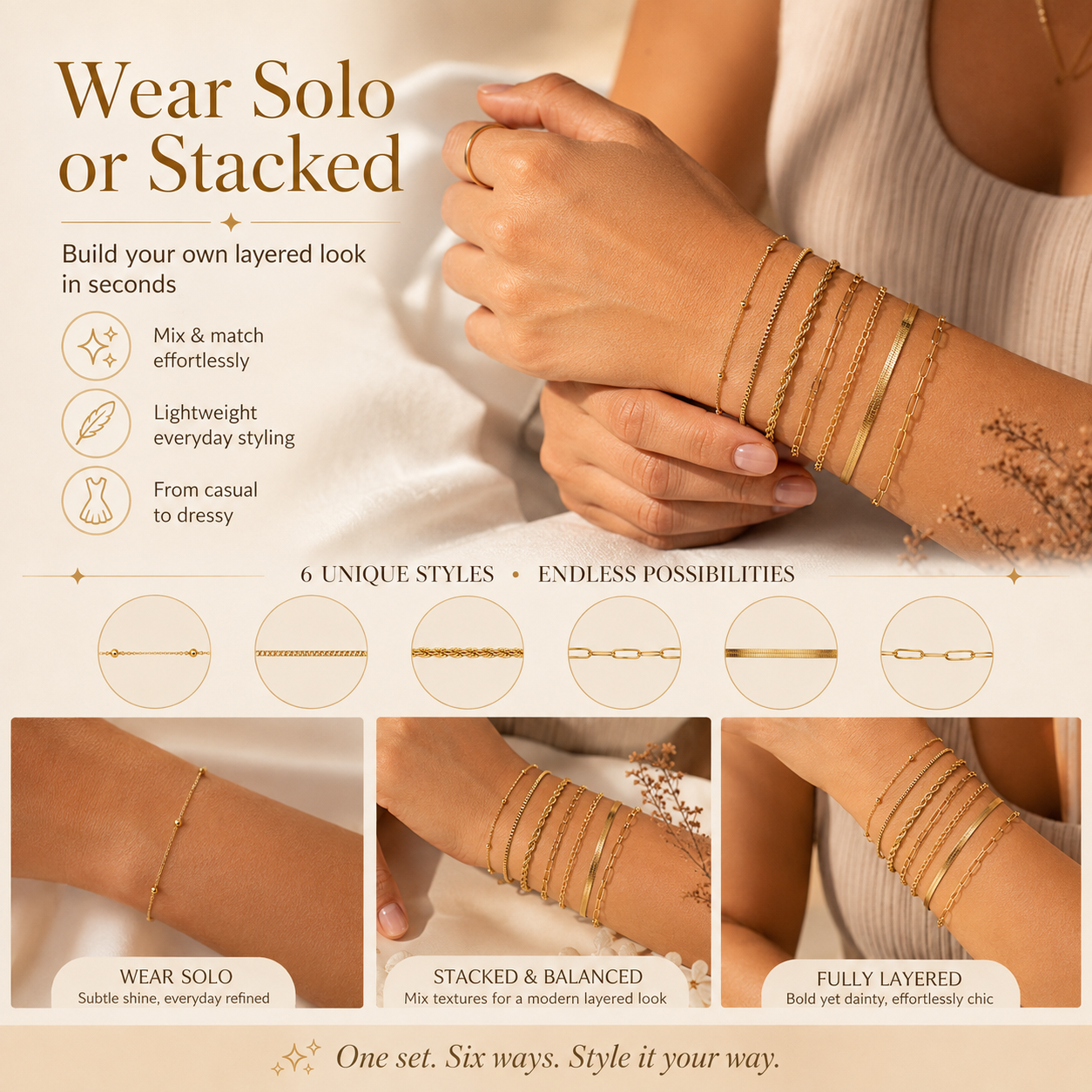 14K Gold-Plated Dainty Bracelet Set – Trendy Stackable Chain Bracelets for Women