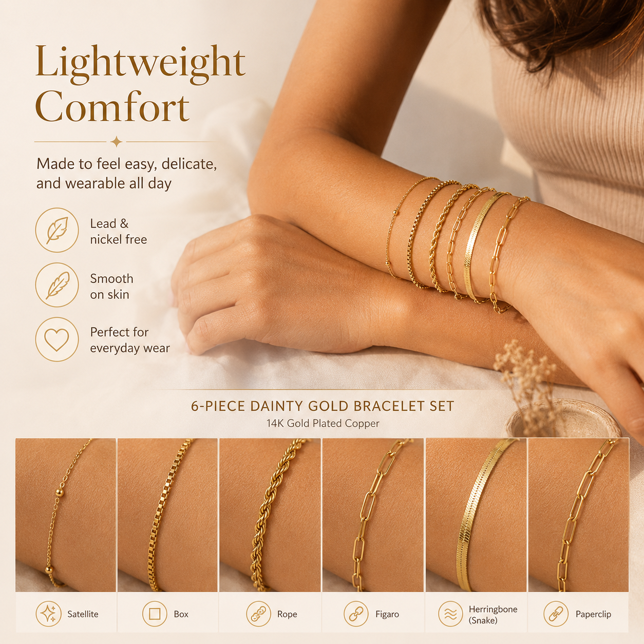14K Gold-Plated Dainty Bracelet Set – Trendy Stackable Chain Bracelets for Women