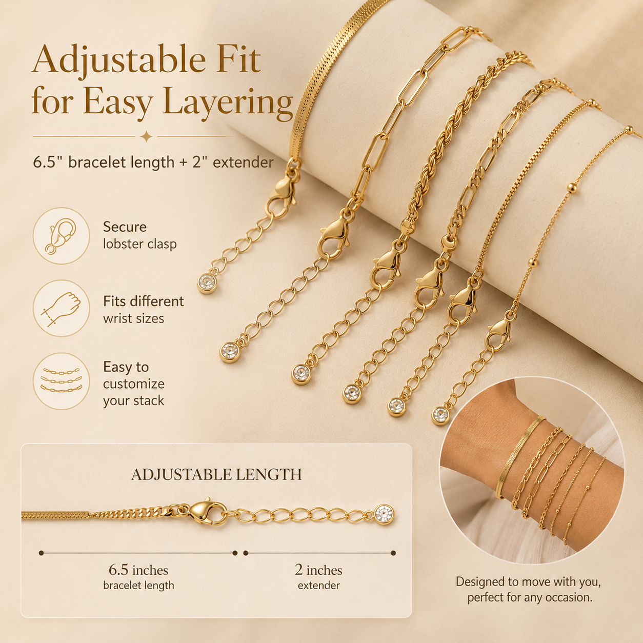 14K Gold-Plated Dainty Bracelet Set – Trendy Stackable Chain Bracelets for Women