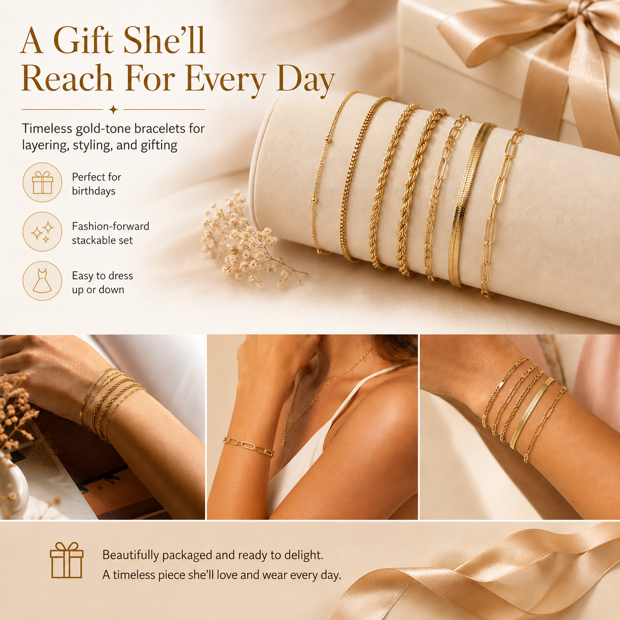 14K Gold-Plated Dainty Bracelet Set – Trendy Stackable Chain Bracelets for Women