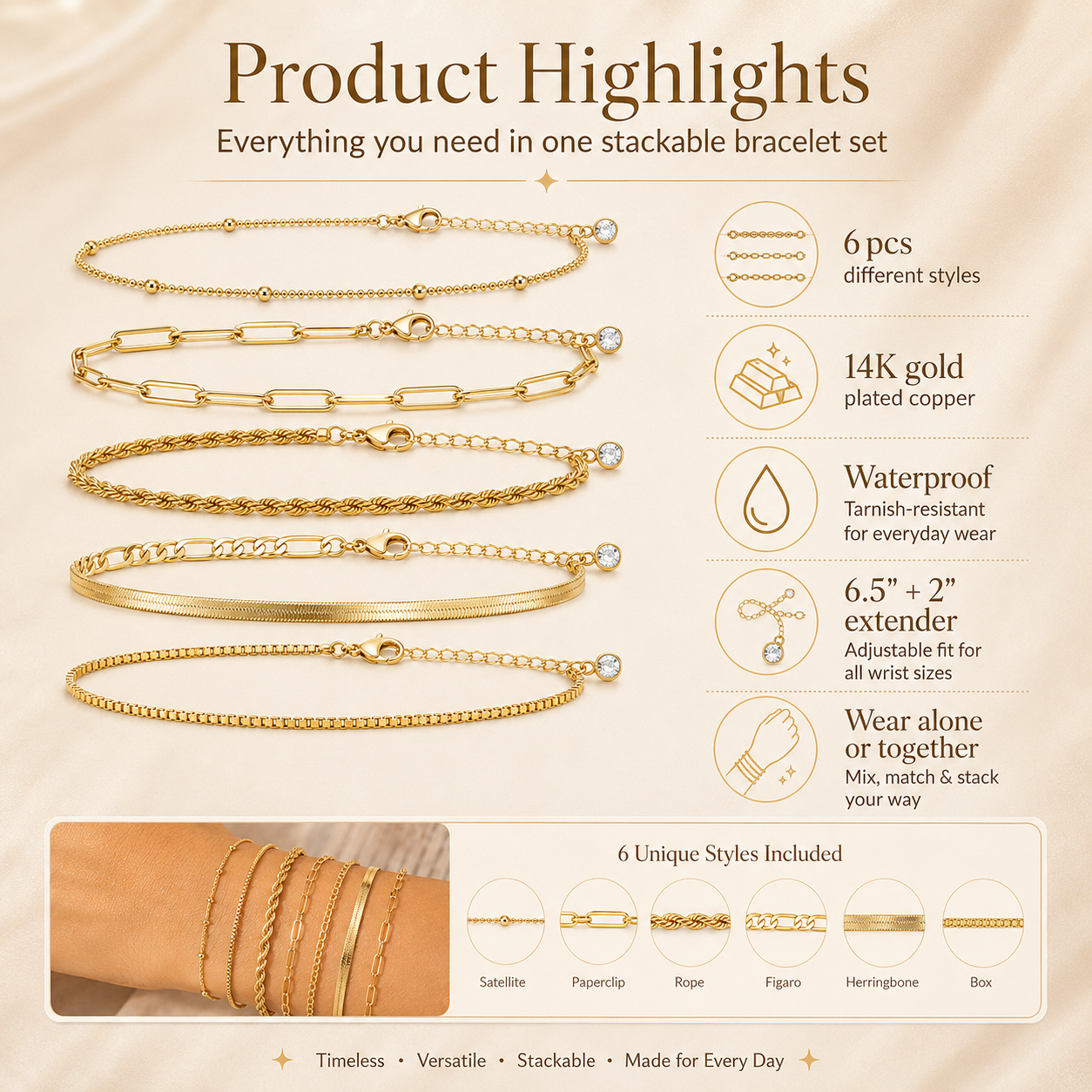 14K Gold-Plated Dainty Bracelet Set – Trendy Stackable Chain Bracelets for Women