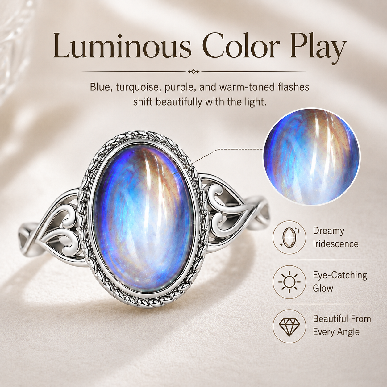 Vintage Rainbow Moonstone Ring – Oval Cabochon Filigree Jewelry for Women
