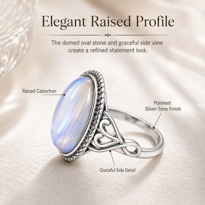Vintage Rainbow Moonstone Ring – Oval Cabochon Filigree Jewelry for Women
